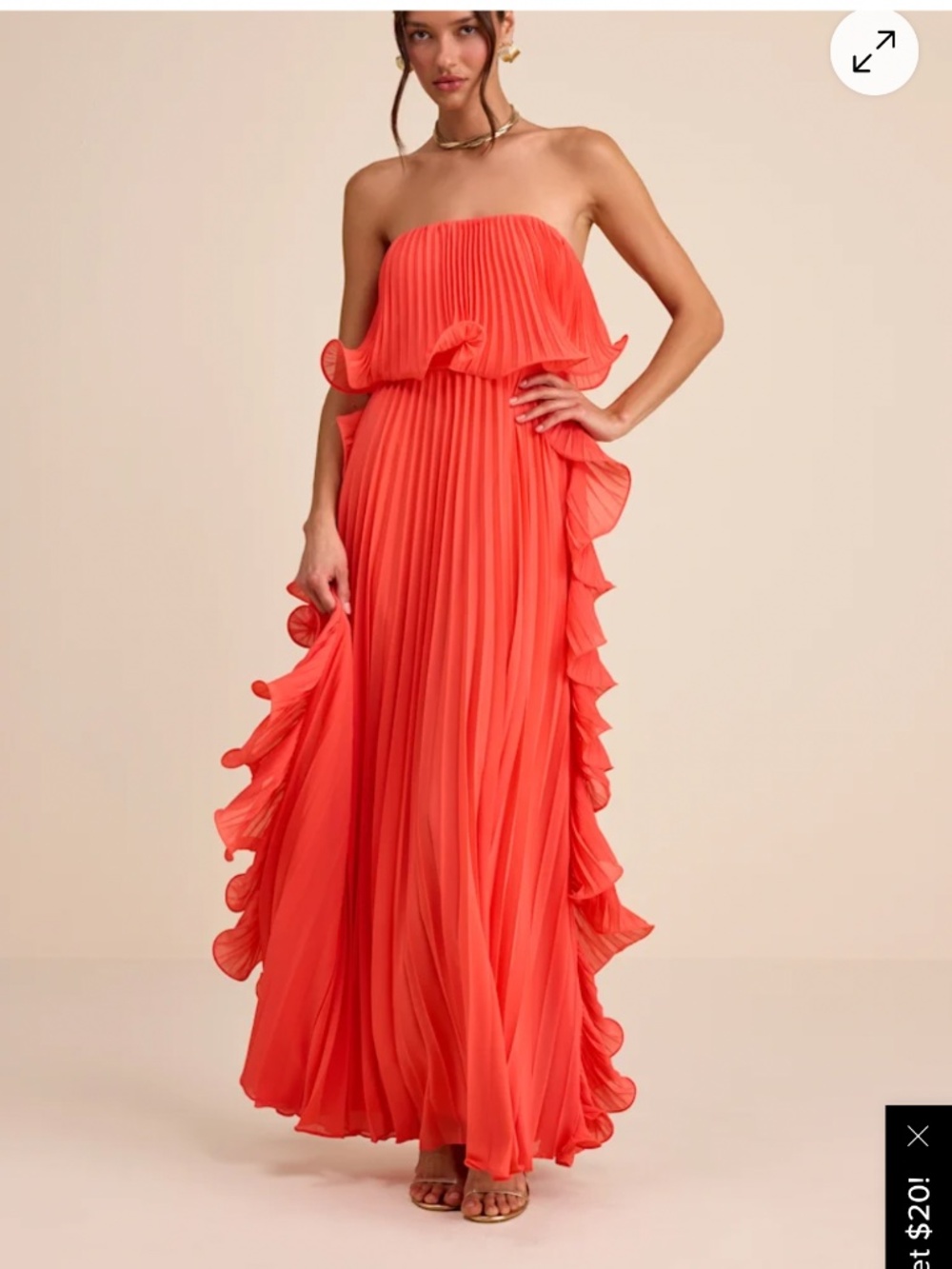 Andri Bright Orange Pleated Ruffled Maxi Dress